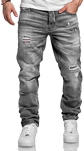 Amaci&Sons Herren Jeans Regular Straight Fit Denim Hose Destroyed 7984 Grau (Patches) W30/L30