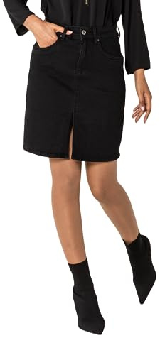 Nina Carter P213 kort jeanskjol med främre slits dragkedja stretch använd look, Svart (P213-8), XS