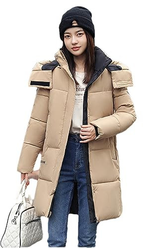 Adhdyuud Women Casual Snow Coat Cotton Padded Puffer Jacket Long Parkas Hooded Warm Outerwear Khaki S