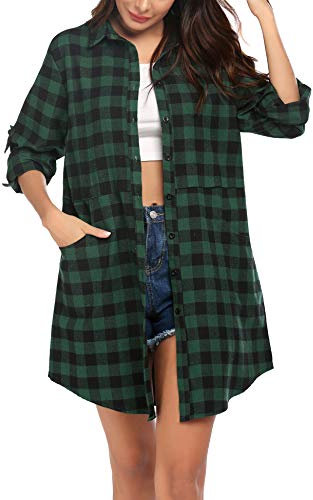 Hotouch Damen Karierte Bluse Langarm Casual Karohemd V-Ausschnitt Knopfleiste Kariertes Hemd Plaid Hemdbluse Long Tunika Oberteile Trachtenbluse Grün L