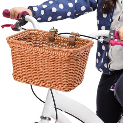 ZEAYEA Small Bike Basket, Front Bicycle Basket with Adjustable Leather Straps, Water Resistant Hand-Woven Bike Basket for Boys Girls, Suitable for Balance Bike, Tricycle, Scooter, Most Bicycles