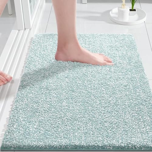 Yimobra Rutschfester Badezimmerteppich Extra weich und bequem Wasserabsorbierende, Dicke und maschinenwaschbare Badematte Flauschig für Dusche und Badewanne, Hellblau&Weiß, 43 x 61 cm
