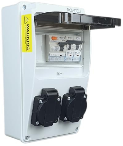 RoadEu - UK Power Distribution Box - 2x 13Amp Socket with 40Amp RCD and 13Amp 'C' MCBs, Waterproof IP54- Monophase Wall Power Distributor - Designed for UK Market and Includes 13Amp MCB