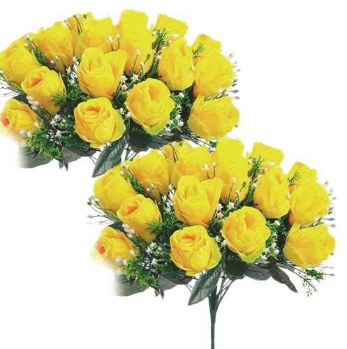 2 buntar kyrkogårdsblommor för grav, 24 huvuden, gravblommor, 40 cm, realistisk falsk ros, konstgjorda blommor för gravdekorationer, gul, gravblommor