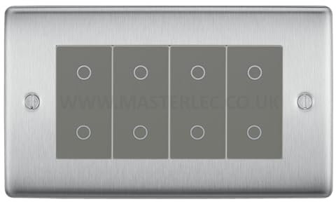 BG NBSTDM4G Brushed Steel 4 Gang Quad Master Touch Dimmer Switch Grey Inserts