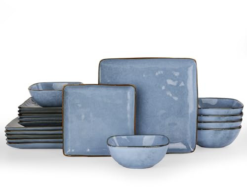 Richmount Steingut Geschirrset 6 Personen, Serie Ocean 18-tlg Quadratishes Geschirr Set, Teller Set Kombiservice Mit Reaktiver Glasur Essgeschirr, Kratzfestes Tafelservice Geschirrsets, Blau
