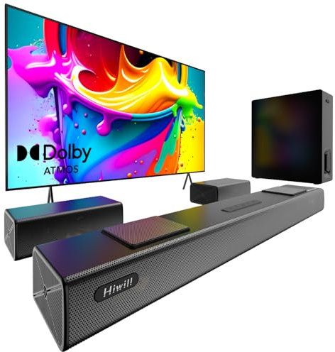 Hiwill 5.1.2CH Dolby Atmos Soundbar, Home Theater per TV, Impianto Dolby Surround, Soundbar TV con subwoofer da 6,5, 2 altoparlanti surround posteriori, 2 driver laterali e 2 driver up-firing