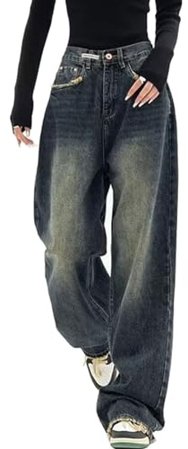 FYCYGG Baggy Jeans Ladies Y2k Stretch Jeans Med Låg Midja Raka Benbyxor Raka Boyfriend Fritidsbyxor Sommar Lösa Byxor Cargo Byxor Girls Streetwear Flare Byxor(M)