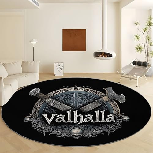Washable Round Rugs 150 cm, Viking Art Rune Axe Non-slip Round Area Rug for Living Room, Black Soft Low-Pile Circle Carpet for Under Dining Table