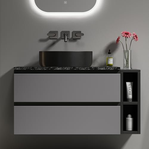 Merax Waschplatz hängend Badezimmerschrank mit Waschbecken Hängender Waschtischunterschrank 80 cm breit mit Keramikwaschbecken, Schubladen, modernes Design, schwarz-grau