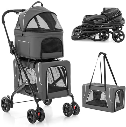 COSTWAY Double Couche Poussette Chien Chat, Poussette 3-en-1 Pliable pour 2 Animaux, 2 Cages Détachables, Ceinture de Sécurité, Poches Latérales, Oxford Respirant, Coussins Amovibles (Gris,Style 10)