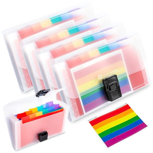 4 Pack Expanding File Folder,Flash Card Holder A6 Size 13 Pockets Portable Rainbow Document Organiser Multicoloured Plastic Expandable Organizer Wallet Case with Colored Labels Index