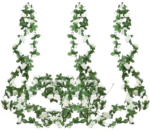 Enredaderas Artificiales Decorativas 3 Piezas 2,45 M Guirnalda Flores Rosas Decorativas Simuladas Guirnalda de Flores, Adecuadas para Decoración Diaria, de Bodas, de Fiestas, Etc (Blanco)