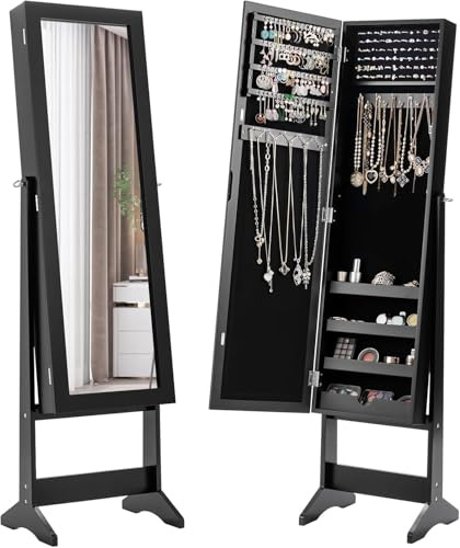 GOPLUS Espejo Joyero de Pie, 143 x 35,5 x 30,5 cm, Armario de Bisutería con 3 Inclinaciones a Elegir, Organizador de Almacenamiento para Pendiente Collar, con Espejo y 4 Compartimentos (Negro)