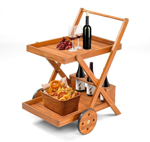 VINGLI 2-Tier Acacia Wood Bar Cart, Rolling Bar Carts with Wheels, Kitchen Serving Tea Cart for Plant Stand Indoor and Outdoor