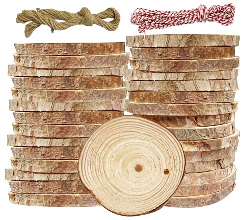 JAADU 30 Pezzi Dischi in Legno 6-7 cm con Foro, con Corda da 20 m, Tronco Legno Perfetti per Fai da Te, Artigianato, Matrimoni, Decorazioni Natalizie
