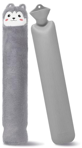 JNUYISW Borsa Dell'Acqua Calda Lunga, 2L Grande Borsa Acqua Calda Lunga con Peluche Morbida Copertura Bottiglia d'acqua Calda per Collo, Spalle, Schiena, Gambe e Vita per Alleviare il Dolore (Grigio)