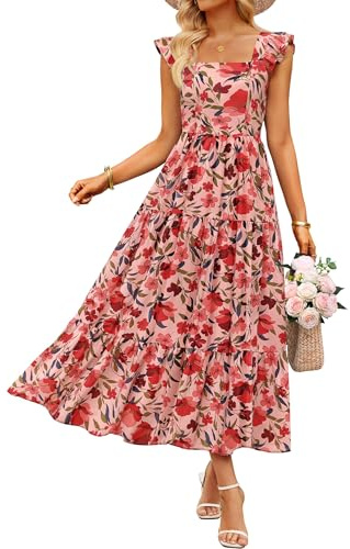 ZESICA Women's Summer Boho Floral Wedding Guest Midi Dresses VintagePink M