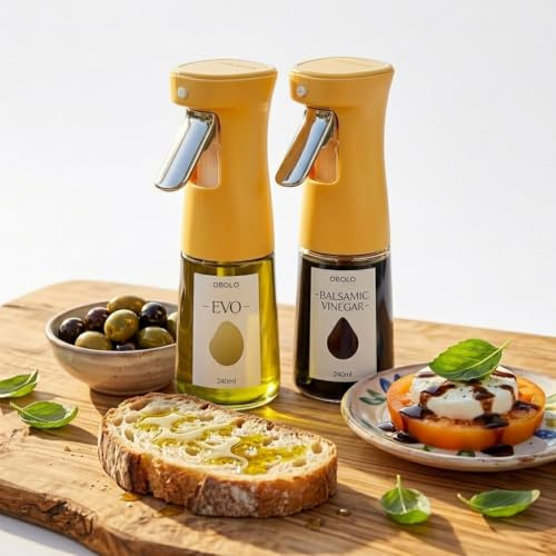 OBOLO Oil Sprayer for Cooking, Continuous Fine Mist, Glass Spray Bottle, 8oz/240ml Capacity, Oil Control, Calories Control, Refillable Kitchen Gadget for Air Fryer, Salads and BBQ, Olive oil bottle