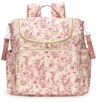 SDSFGX Floral Nappy Changing Bag Backpack Cotton Quilted Diaper Rucksack for Mums Baby Travel Backpack with Stroller Strap