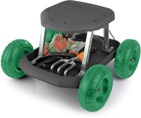 Gardening Stool - Rolling Garden Seat with Wheels and Storage Tool Tray - Garden Cart Scooter - Yard Tools by Pure Garden (Black and Green)
