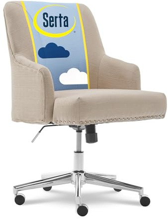 Serta Leighton Home Office Desk Chair, Mid-Back with Chrome Nailheads, Memory Foam Cushion and Padded Arms, Mid Century Modern Vanity Armchair with Wheels, Swivel Base, Twill Fabric, Stoneware Beige