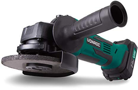 VONROC Amoladora angular inalámbrica 115mm, VPower 20V – juego completo con 2.0Ah batería, cargador rápido, mango lateral y estuche de almacenamiento