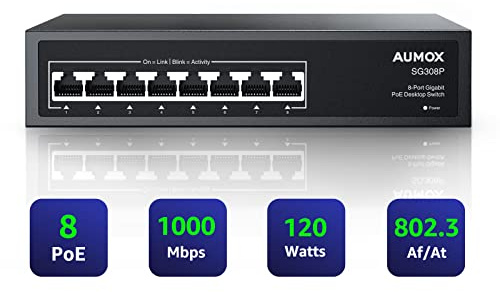 Aumox 8 Port Gigabit PoE Switch, 8 Port PoE 120W, Gigabit Ethernet Unmanaged Network Switch, Plug and Play, Sturdy Metal Housing, Traffic Optimization