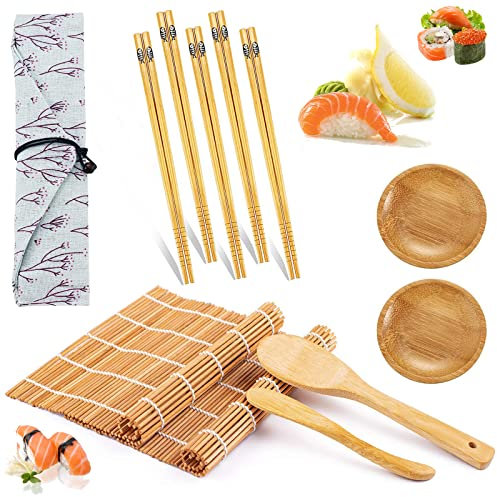 sinzau Sushi Set, Sushi Matte Bambus, Sushi Making Kit, Karbonisierte Sushi 2 Rollmatte, Essstäbchen 5 Paar, 1Reisstreuer, 1Reislöffel, 2 Gewürzgericht, 1 Aufbewahrungstasche