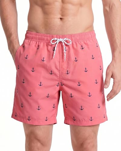 maamgic Bañador Hombre Shorts de Baño Shorts de Playa Traje de Baño para Natación Secado Rápido con Estampado para Vacaciones,Rosa Ancla, L