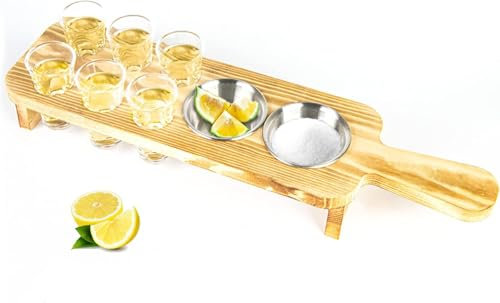 Shot Glasses Serving Tray Tequila Shot Glass Holder with 6 Shot Glasses Set Unique Wooden Holder for Drinking, Serving, Display and Storage for Bar, Restaurant,Tequila Gifts for Housewarming