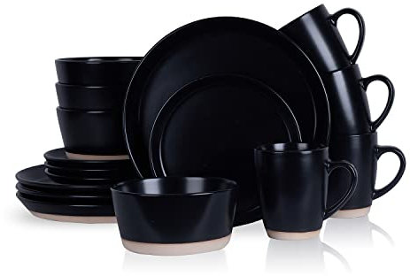 Stone Lain Jules Modern Stoneware 16-Piece Round Black Dinnerware Set, Plates and Bowls Sets, Dish Set for 4, Black