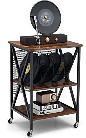 GIANTEX Mobiletto per Dischi con 3 Ripiani, Carrello in Ferro con 4 Ruote Rimovibili, Scaffale per CD e Libri, 52x45x75 cm