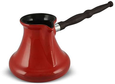 ceraflame Cafetière turque en céramique 550 ml Cezve Ibrik Briki Turka Gourmet, couleur rouge, avec poignée amovible en bois pour plaques à induction à gaz électriques