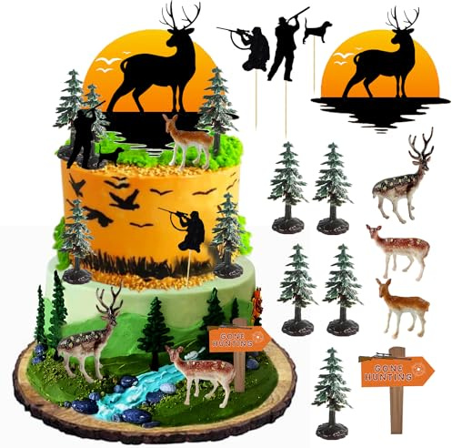 Lot de 13 décorations de gâteau de chasse au cerf - Décorations d'anniversaire pour camping, chasse, anniversaire, fête prénatale - Vert