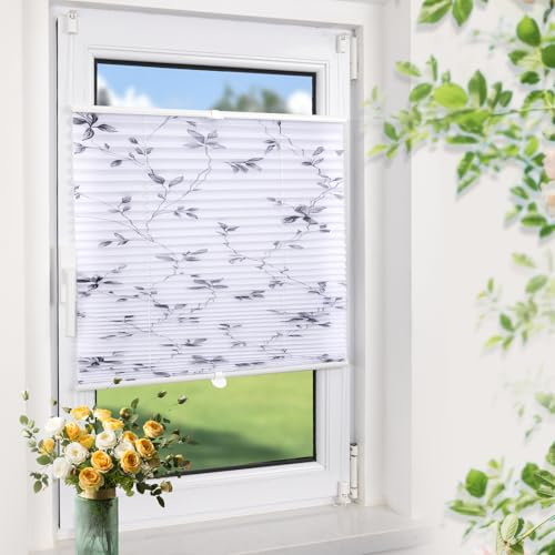 Plissee ohne Bohren Blumenmotiv 80x120cm(BxH) Weiß Plissees Klemmfix ohne Bohen Blickdicht Faltrollo Lichtdurchlässig Rollos für Fenster ohne Bohren