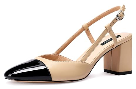 MIRAAZZURRA Donne Slingback Pumps chiuso punta rotonda tacco a blocco bicolore casual tacchi grosso scarpe da ufficio, beige, 37 EU