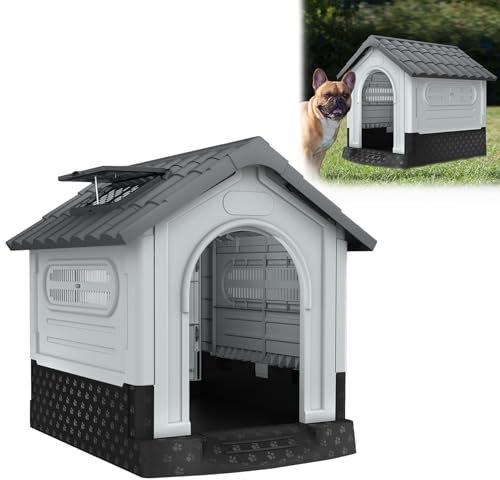 YARDIN Hundehütte aus Kunststoff mit Erhöhtem Boden, Dachfenster und Belüftung 79.5×70.5×78cm Wasserdicht und Isoliert Haustierhaus Plastik Haustierhütte für Innen- und Außenbereich, Grau und Weiß