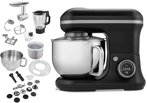 MEDION Robot de cocina universal 4 en 1 (1.200 vatios, 8 niveles, amasar, mezclar, remover, picar carne, bol para preparar helado, pantalla digital, MD18440) negro