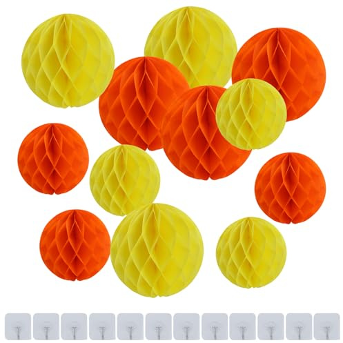 12 bolas de papel de panal de abeja para decoración de fiestas, con 12 ganchos transparentes, pompones de seda para decoración de fiestas, 15 cm y 25,4 cm