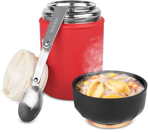 ICEBLUEOR 500ml Food Flask for Hot Food, Portable Soup Flask with Handles, Stainless Steel Vacuum Food Jar with Folding Spoon, Leakproof Hot Food Containers for Kids School Office Picnic(Red)