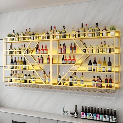 amhricho Botellero de Pared Metálico para Vinos, Moderno Botellero de Pared con Soporte para Copas, Estante para Licores y Estantes de Bar para Botellas de Licor (4 Capas Gold, 240 * 20 * 123CM)