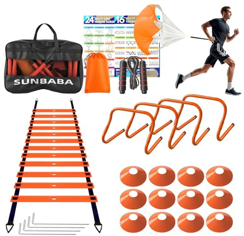 SUNBABA Agility Ladder Speed Training Equipment Set with 20ft Agility Ladder,4 Hurdles,12 Cones,Jump Rope,Running Parachute-Ideal Training Equipment for Kids Youth Adults in Soccer Football Basketball