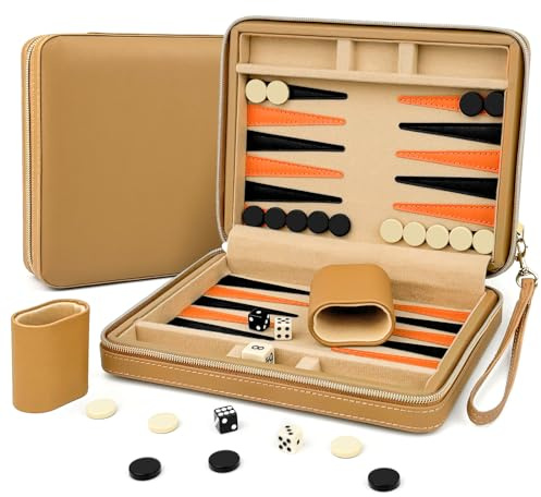 Lohofrnny Juegos de Backgammon de Viaje, Mini Juego de Backgammon Clásico Portátil Magnético, Juego de Mesa para 2 Jugadores, Juego de Estrategia de Viaje para Adultos y Niños (Beige)