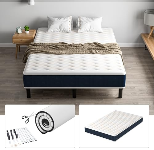 TEENO Ensemble Matelas et Sommier 140x200cm, Matelas en Mousse A Mémoire et Robuste Cadre de lit en Fer avec 9 Pieds, épaisseur 15cm,7 Zones Parfaitement logé