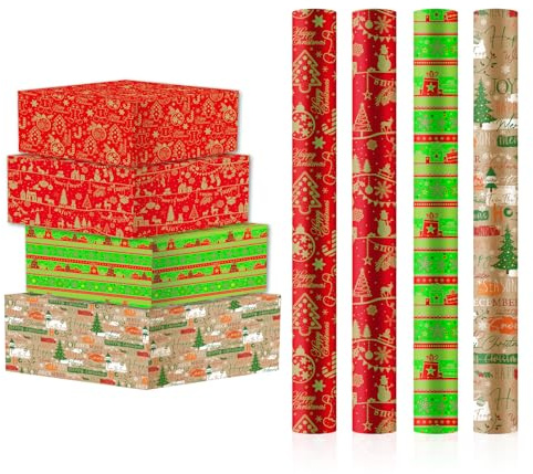 4 Rollos Papel Regalo Navideño, 43cm x 500cm Rollo de embalaje de papel Kraft navideño, Rollos de Papel de Embalaje de Navidad, para regalos de fiesta de Navidad, cumpleaños