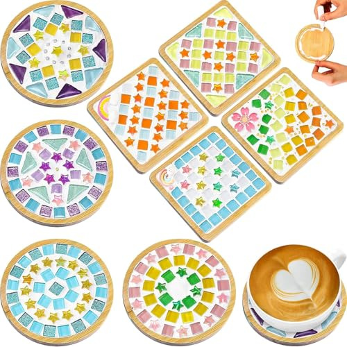 Malloom DIY Glass Mosaic Tiles for Crafts, 8 Sets Mixed Color Mosaic Kits with Wooden Coaster Adults DIY Kit for Coaster Handmade Home Gifts