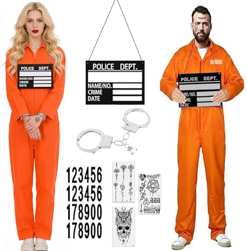 Efymosce Disfraz de Prisionero, Disfraz Preso Hombre, Disfrazs de prisión naranja con esposas, Mono de Presidiario para Adultos, Disfrazs Carcel Naranja Hombre para Halloween, Carnaval, Cosplay (L)