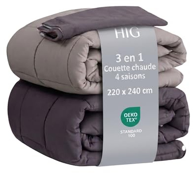 HIG Couette 4 Saisons 240 x 220 cm avec taie d'oreiller 65 x 65 cm, Couette Toutes Saisons 300gsm + Couverture d'été 150gsm = Couette d'hiver 450gsm, 3 en 1, Moelleuse (Gris/Gris Clair)