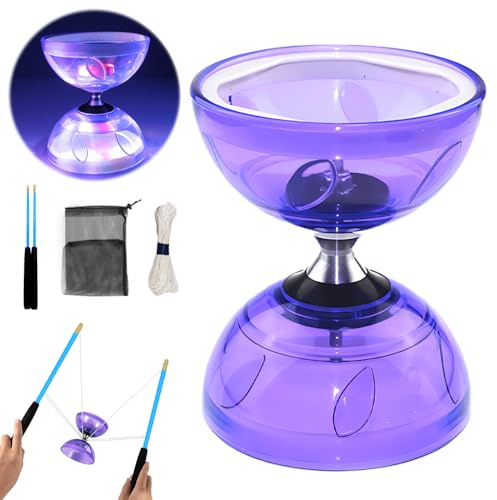 Diabolo LED avec roulement à billes, 4,5 mm DiaBolo avec roulement à billes, jouet de jonglage Diablo avec balles de jonglage, kit de jonglage Diabolo pour adultes, débutants professionnels (violet)
